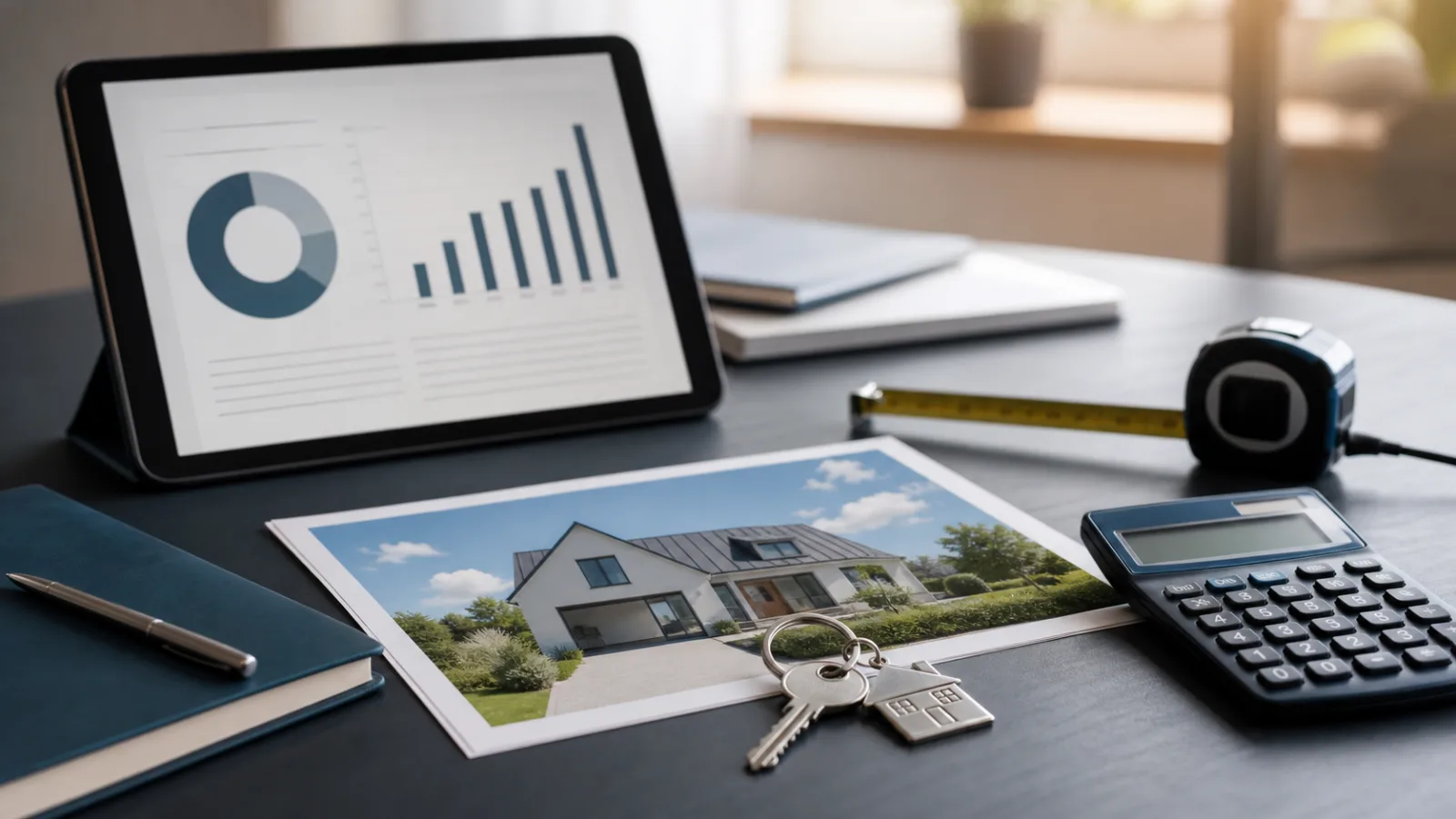 Arbeitsplatz zur Immobilienbewertung mit Rechner, Unterlagen und Hausschlüssel